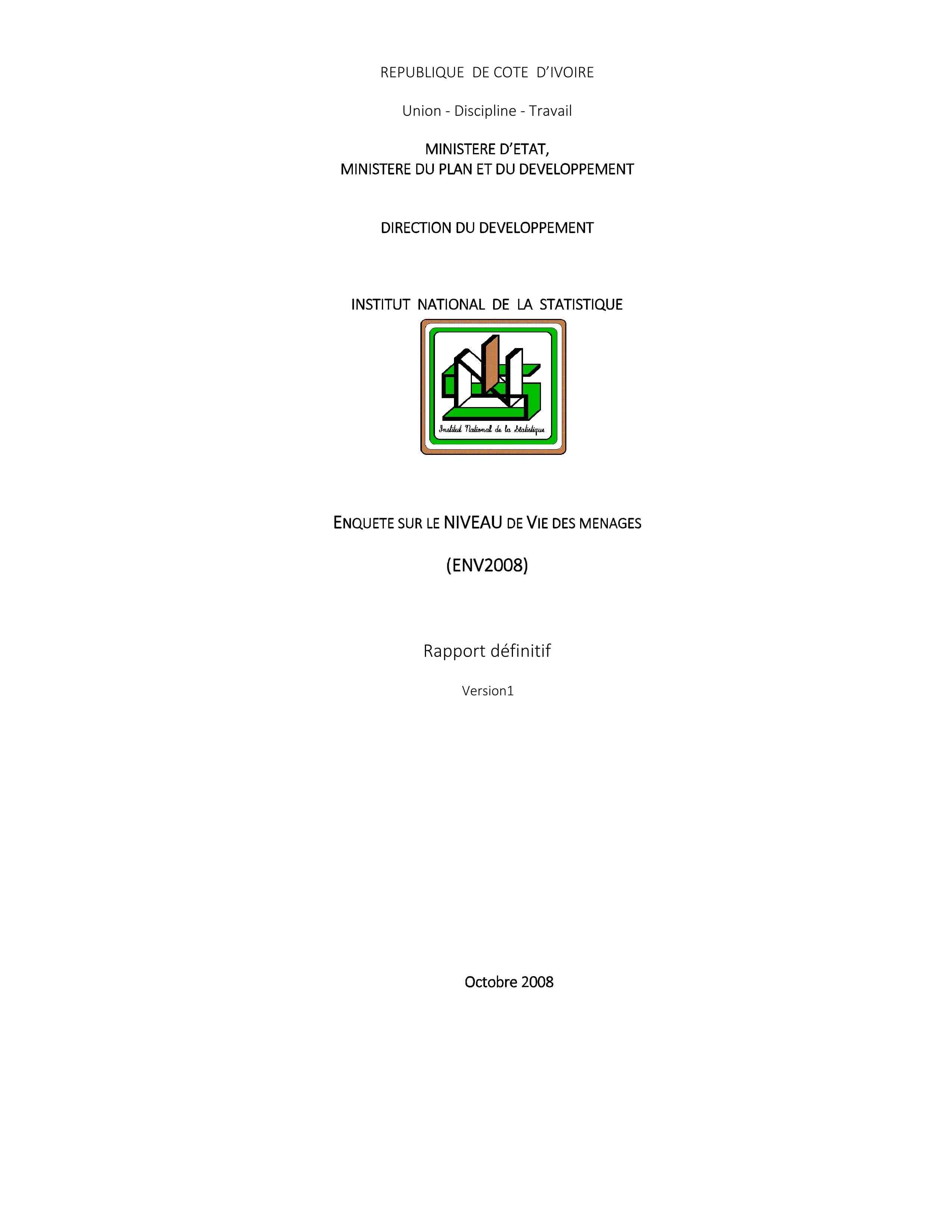 RAPPORT - ENQUETE SUR LE NIVEAU DE VIE DES MENAGES (ENV 2008)