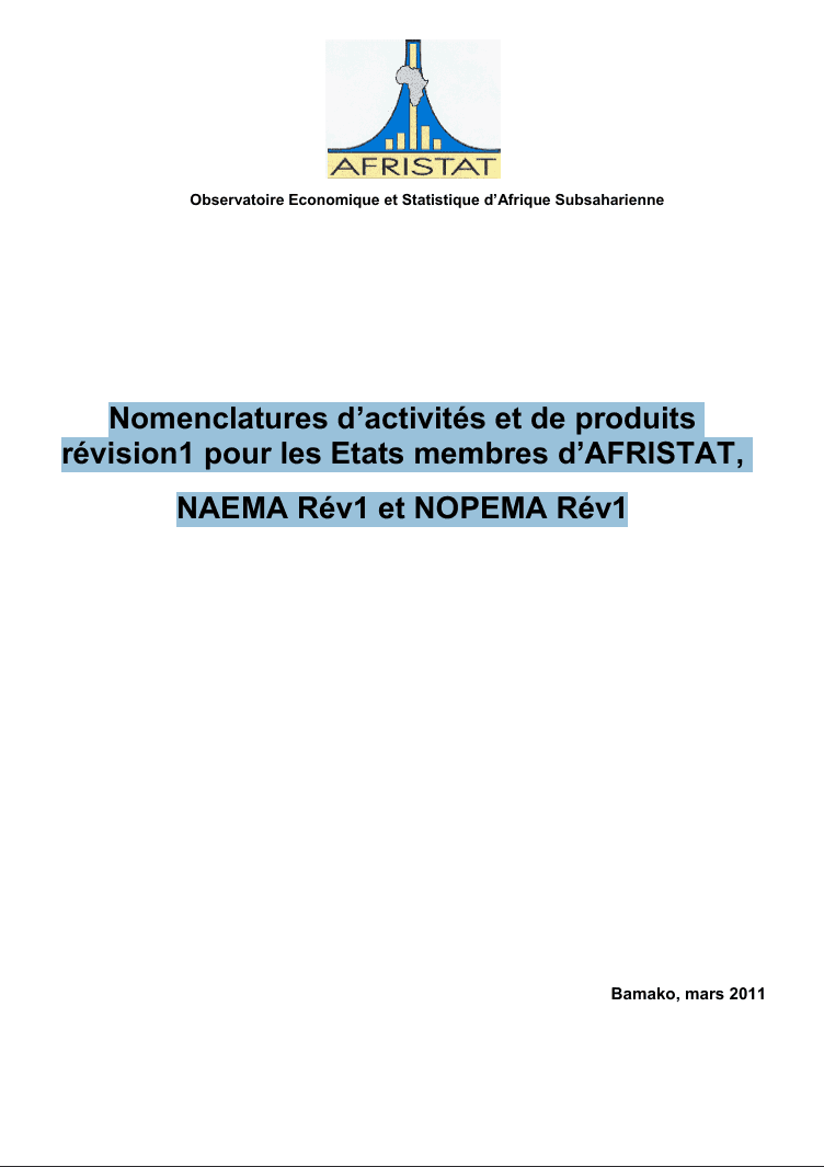 Nomenclatures d’activités et de produits révision1 pour les Etats membres d’AFRISTAT
